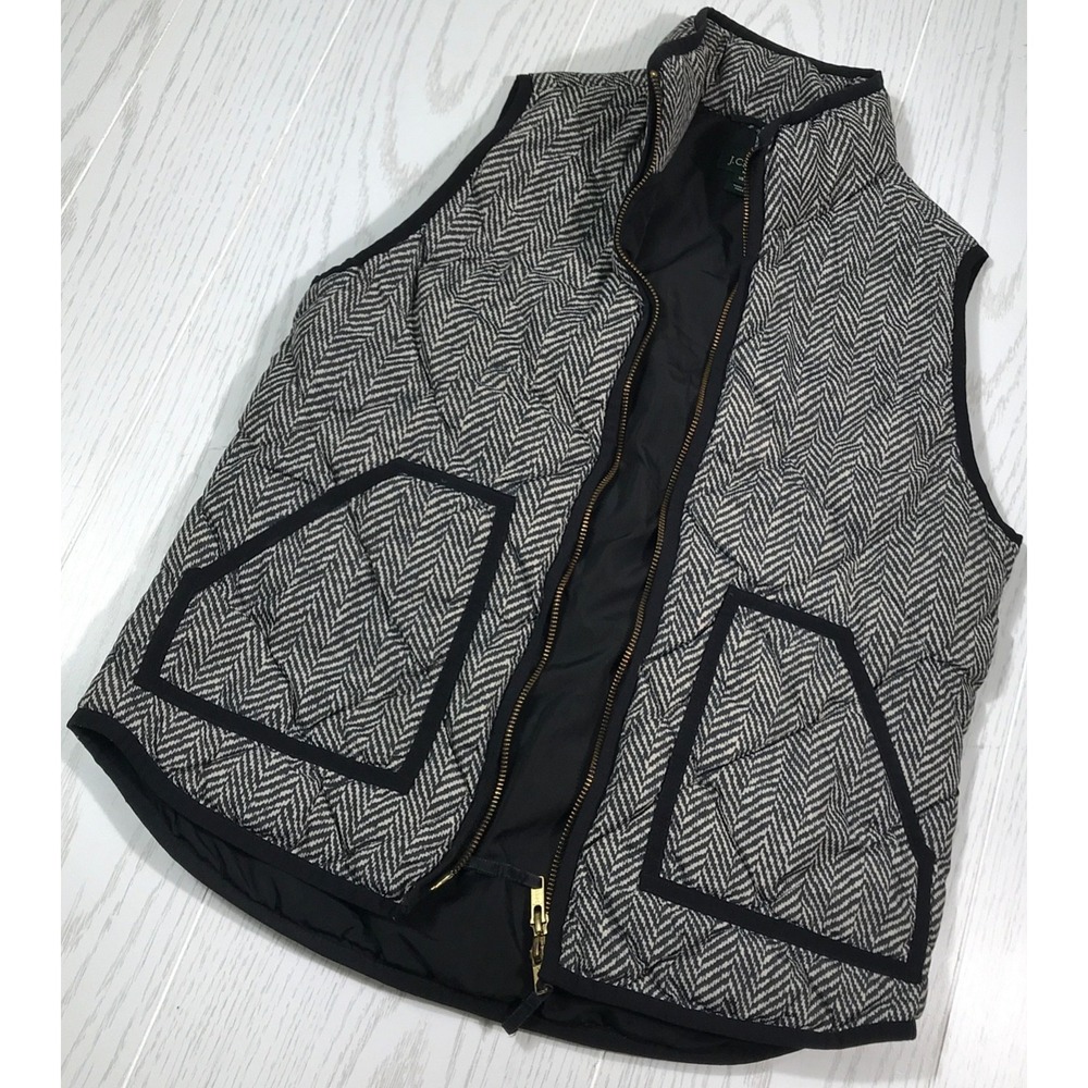 J Crew Womens Vest XS Down Gray Herringbone Quilted Puffer Pockets Full Zip